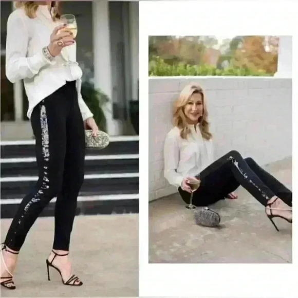 SPANX The Perfect Pant Ankle Sequin Tuxedo Skinny Classic Black Size Small - Picture 4 of 11